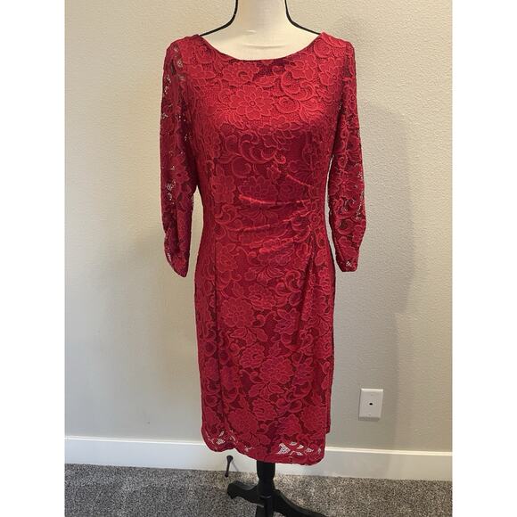 Tahari Dresses & Skirts - Tahari Arthur Levine Sz 10 Red Lace Cocktail Dress Side Sleeve Ruching Lined